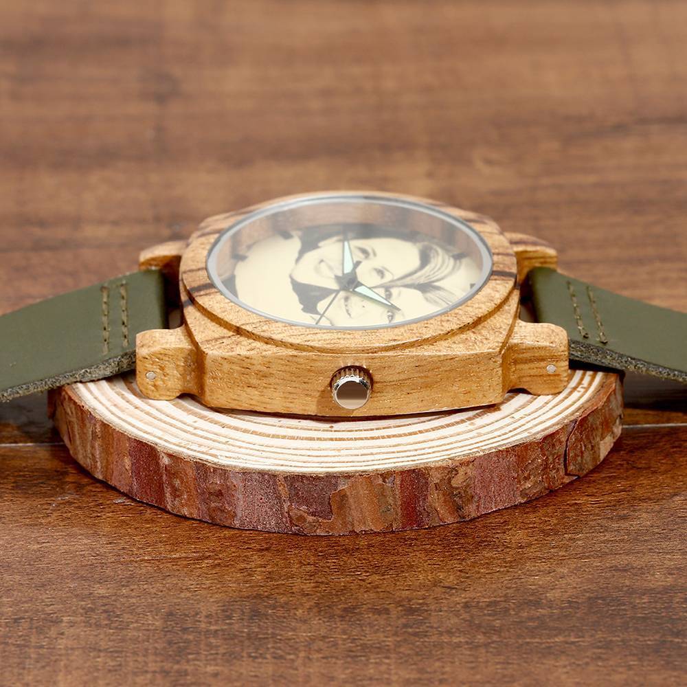 Men's Engraved Bamboo Photo Watch Dark Green Leather Strap 45mm