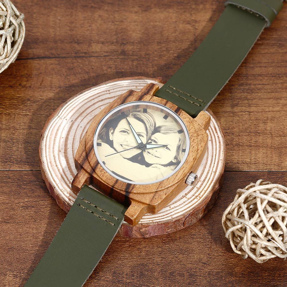 Men's Engraved Bamboo Photo Watch Dark Green Leather Strap 45mm