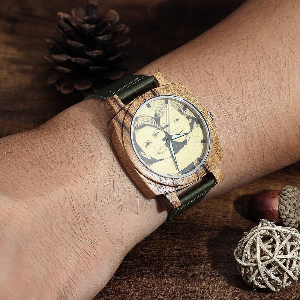 Men's Engraved Bamboo Photo Watch Dark Green Leather Strap 45mm