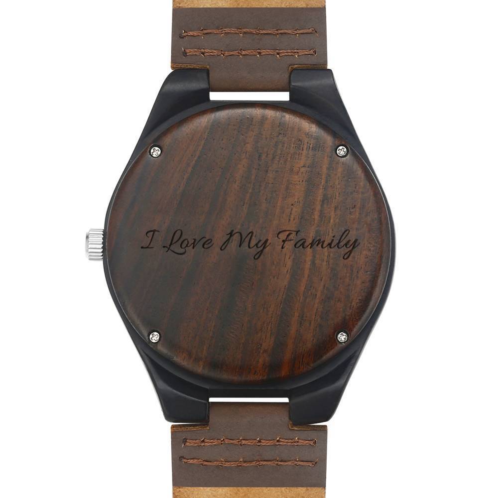 Men's Engraved Wooden Photo Watch Brown Leather Strap 45mm