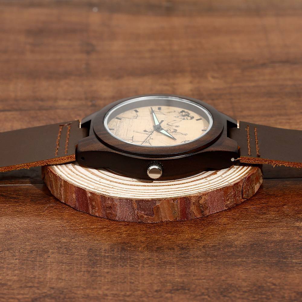 Men's Engraved Wooden Photo Watch Brown Leather Strap 45mm