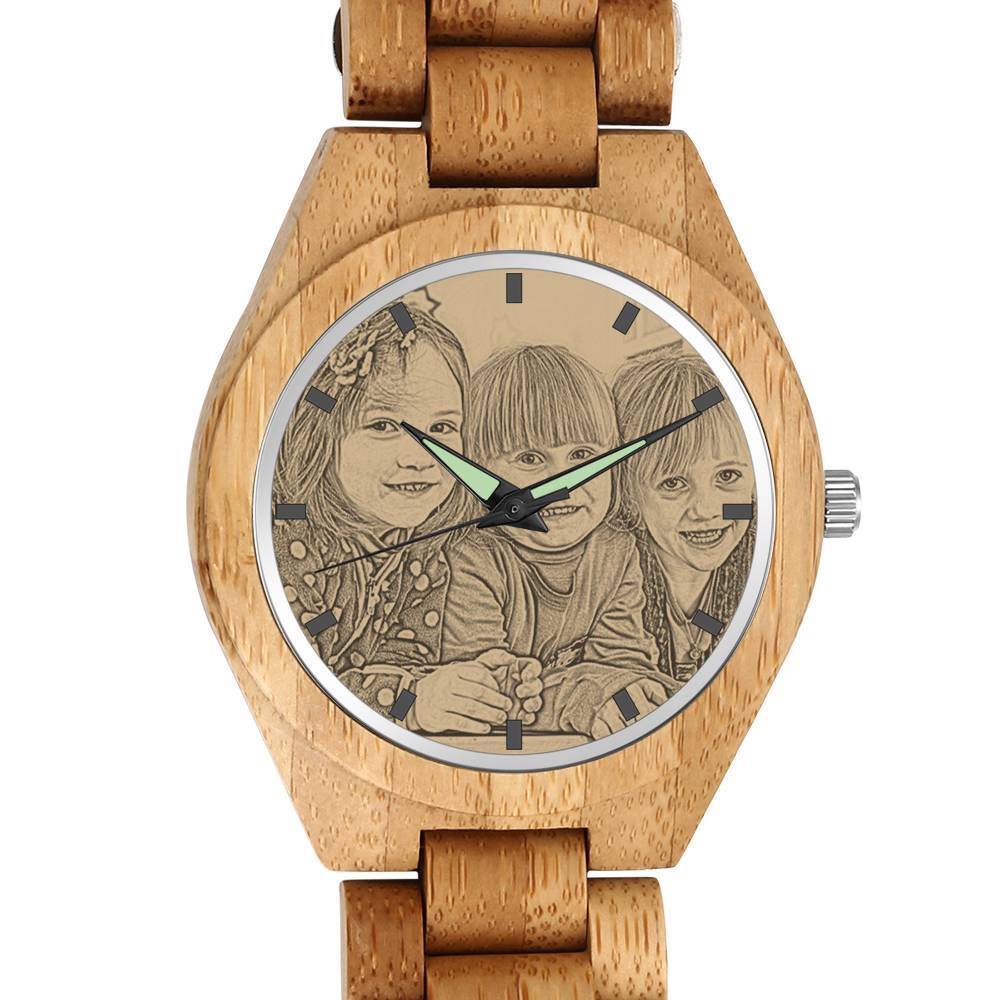 Men's Engraved Bamboo Photo Watch Wooden Strap 45mm