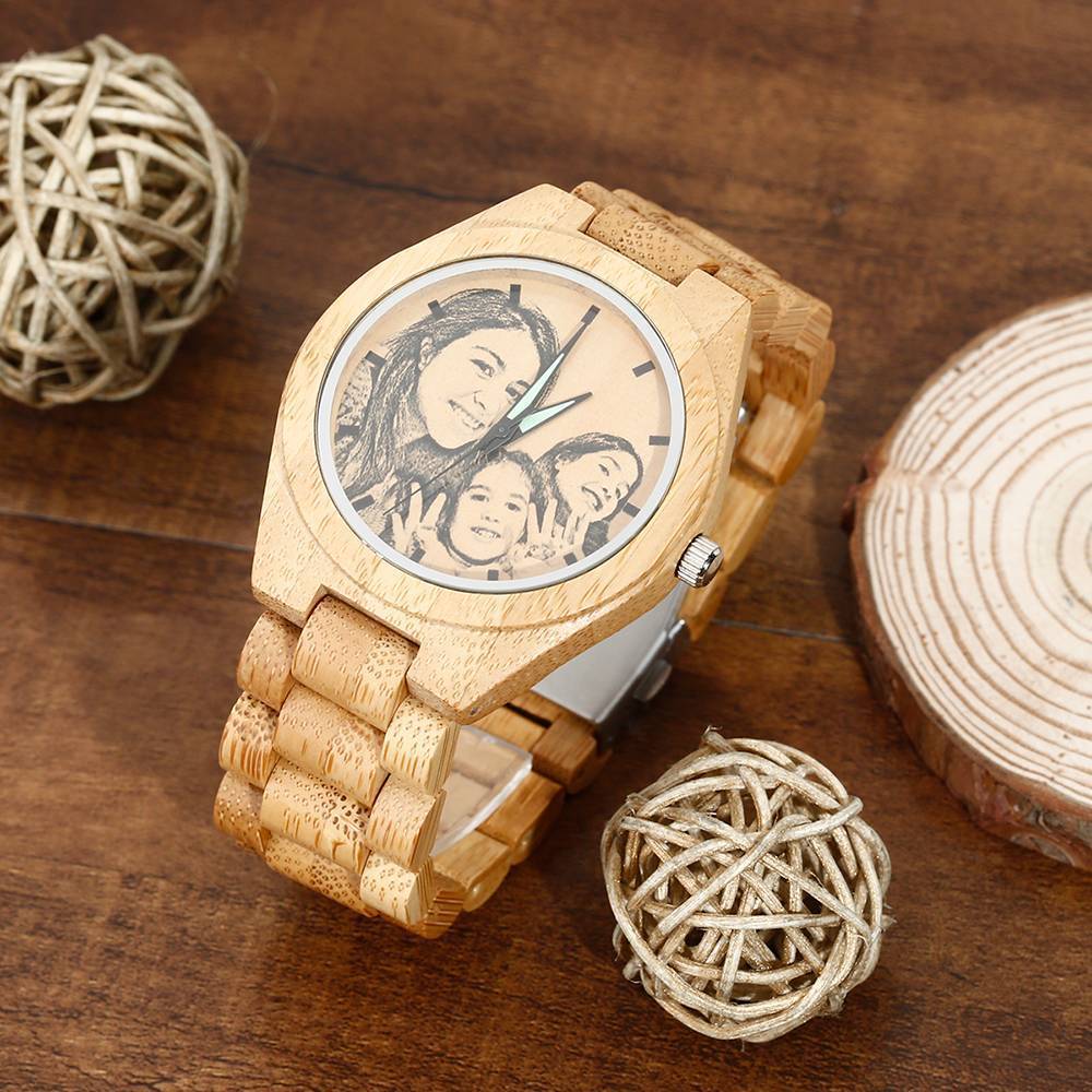 Men's Engraved Bamboo Photo Watch Wooden Strap 45mm