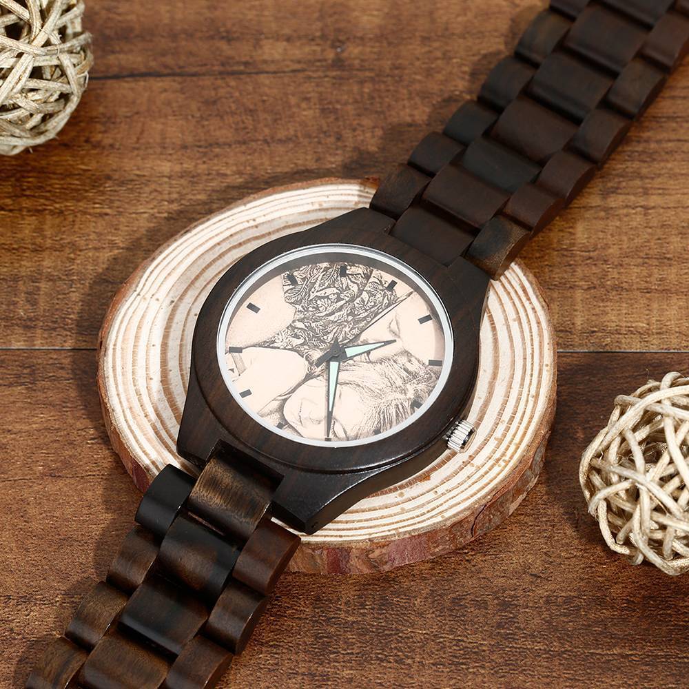 Men's Engraved Wooden Photo Watch Wooden Strap 45mm