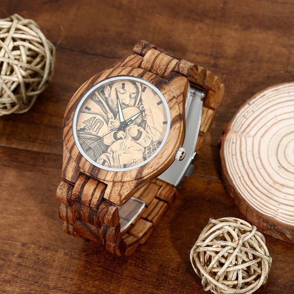 Men's Engraved Wooden Photo Watch Wooden Strap 45mm