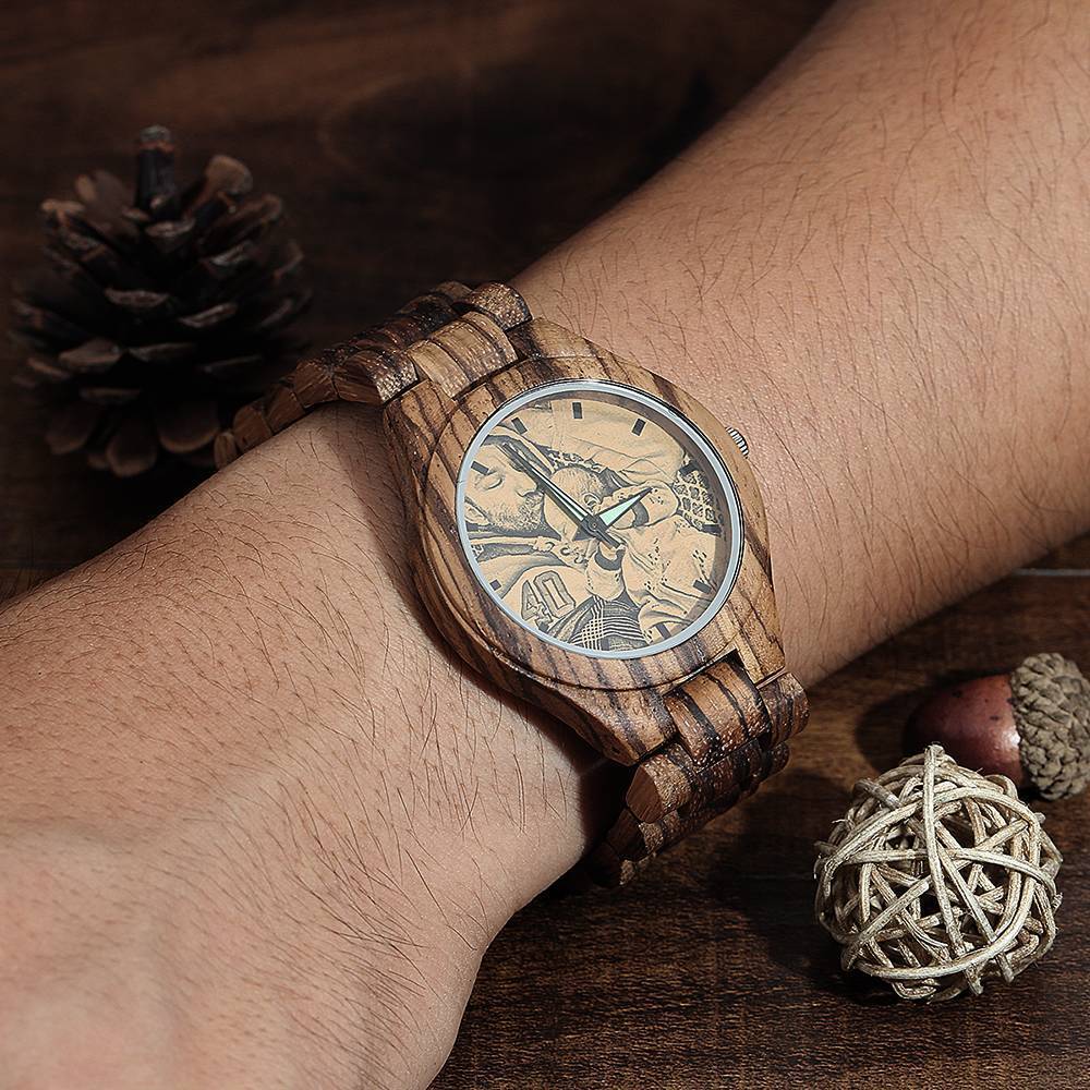 Men's Engraved Wooden Photo Watch Wooden Strap 45mm