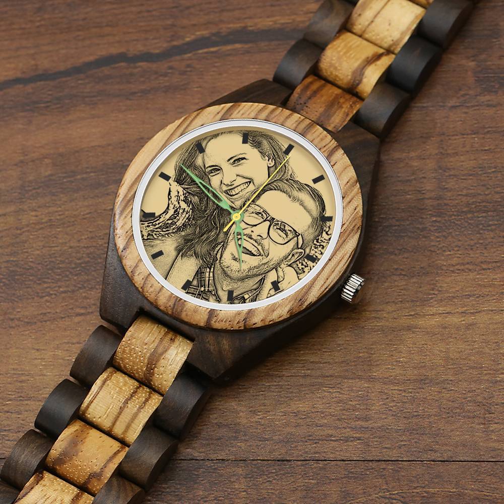 Men's Engraved Wooden Photo Watch Wooden Strap 45mm
