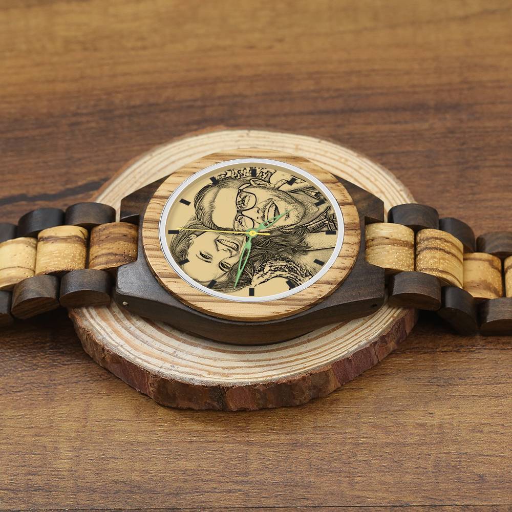 Men's Engraved Wooden Photo Watch Wooden Strap 45mm