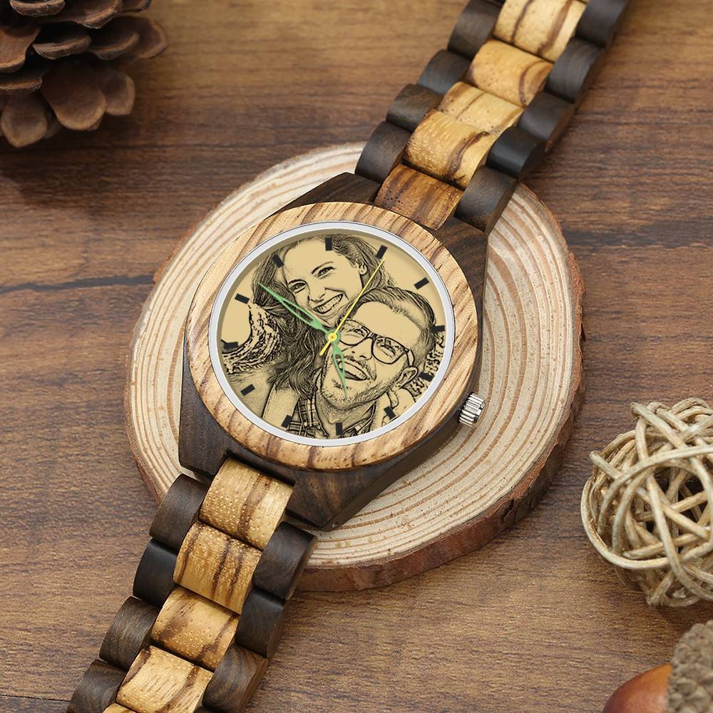 Men's Engraved Wooden Photo Watch Wooden Strap 45mm