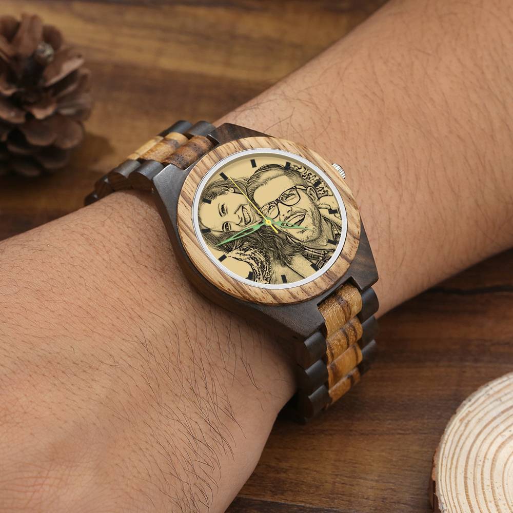 Men's Engraved Wooden Photo Watch Wooden Strap 45mm