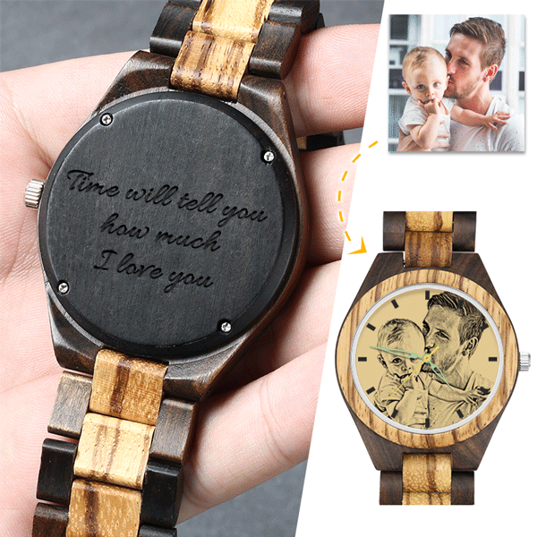 Men's Engraved Wooden Photo Watch Wooden Strap 45mm