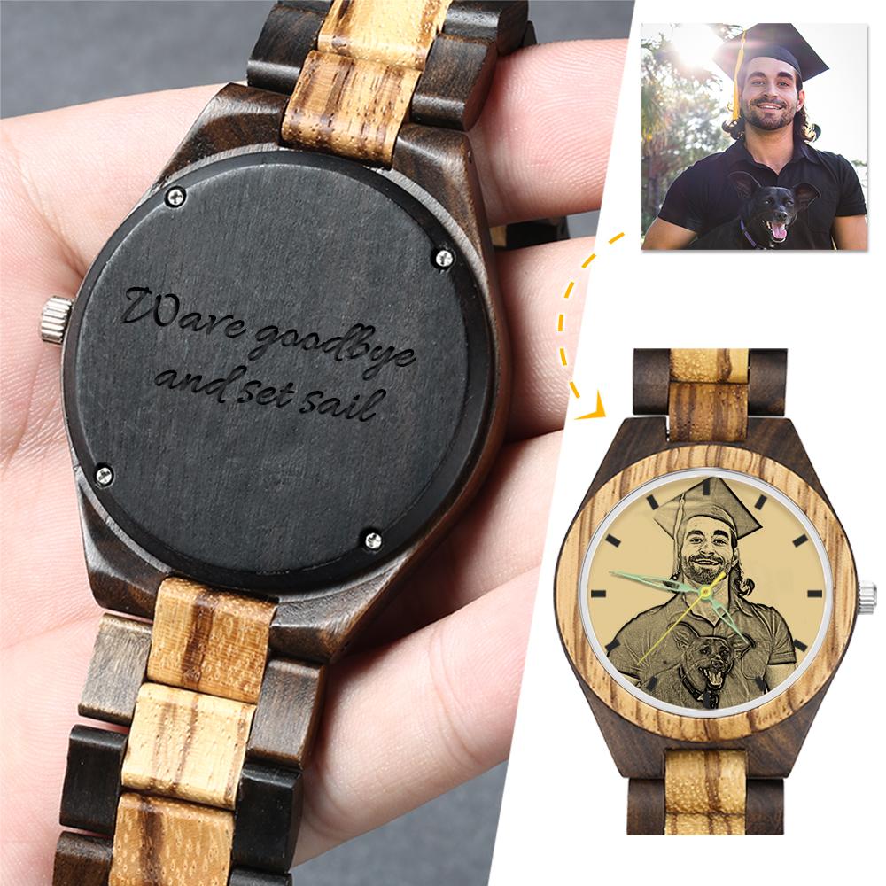 Graduation Gifts Men's Engraved Wooden Photo Watch Wooden Strap 45mm