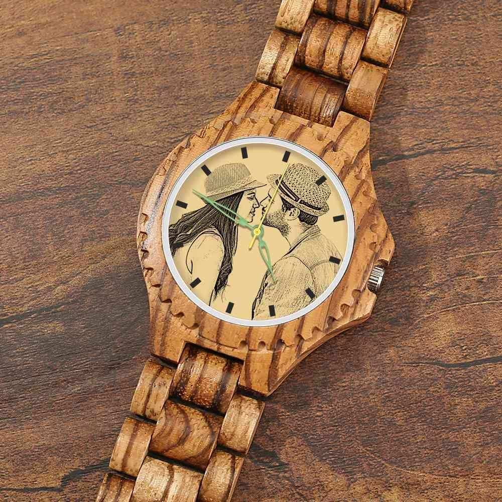 Men's Engraved Wooden Photo Watch Wooden Strap 45mm