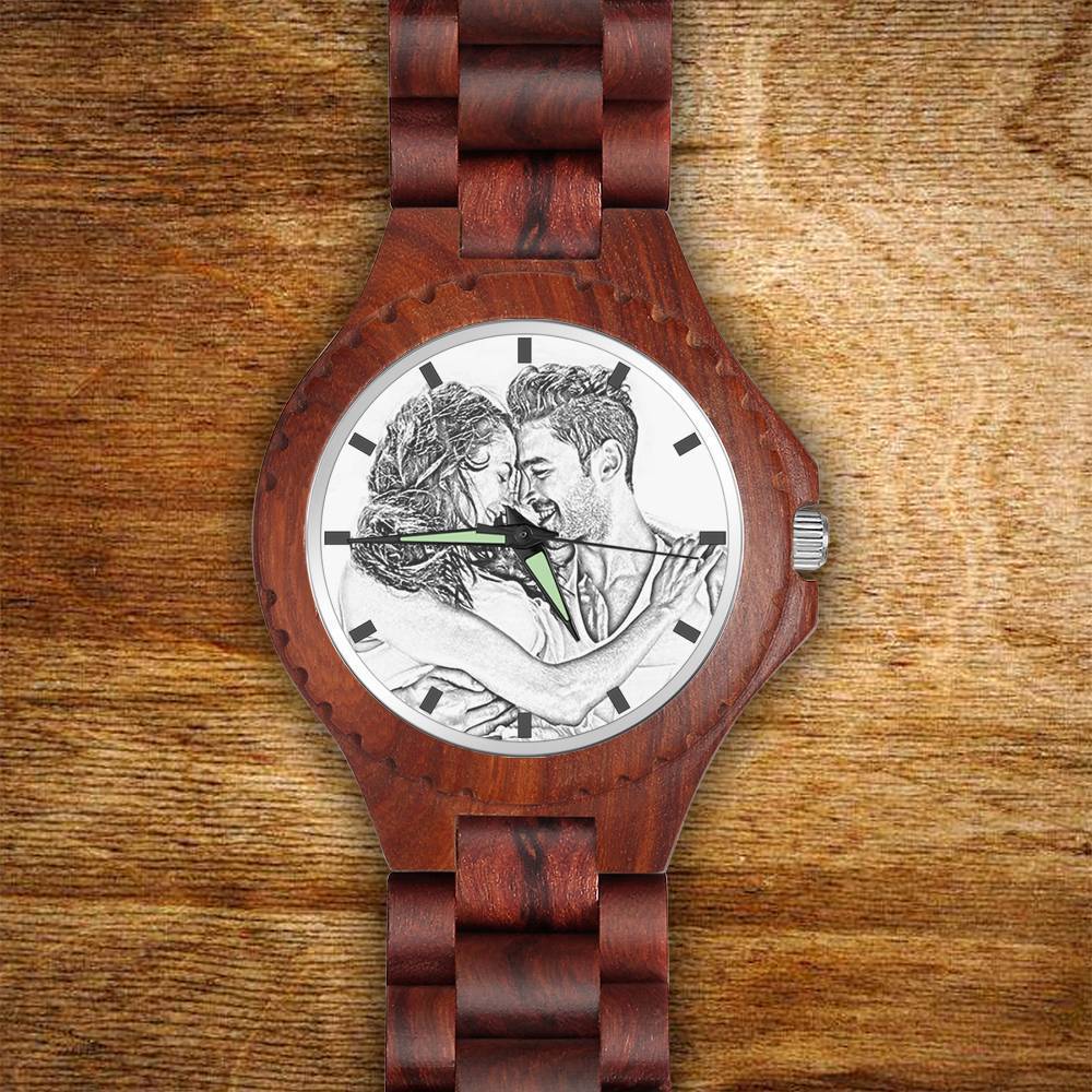 Men's Engraved Photo Wooden Watch Wood Grain Strap 48mm