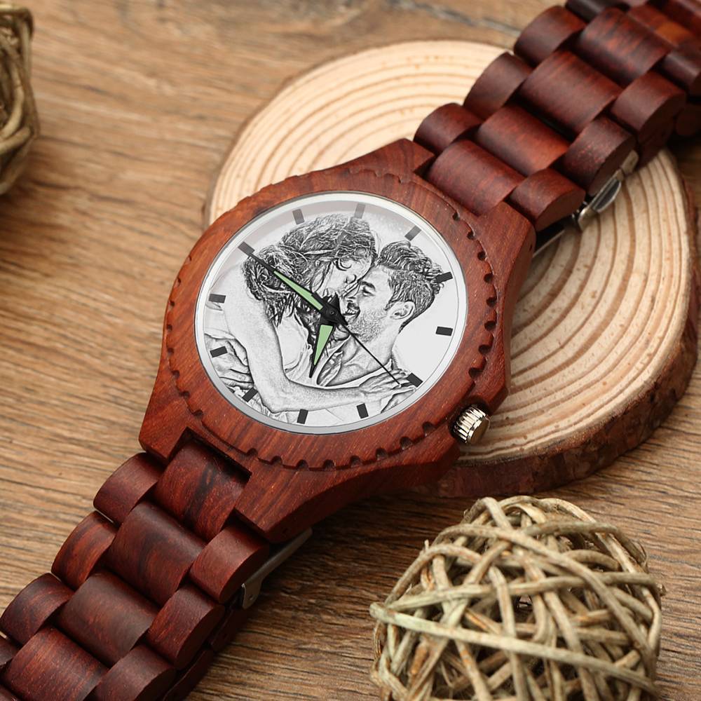 Men's Engraved Photo Wooden Watch Wood Grain Strap 48mm