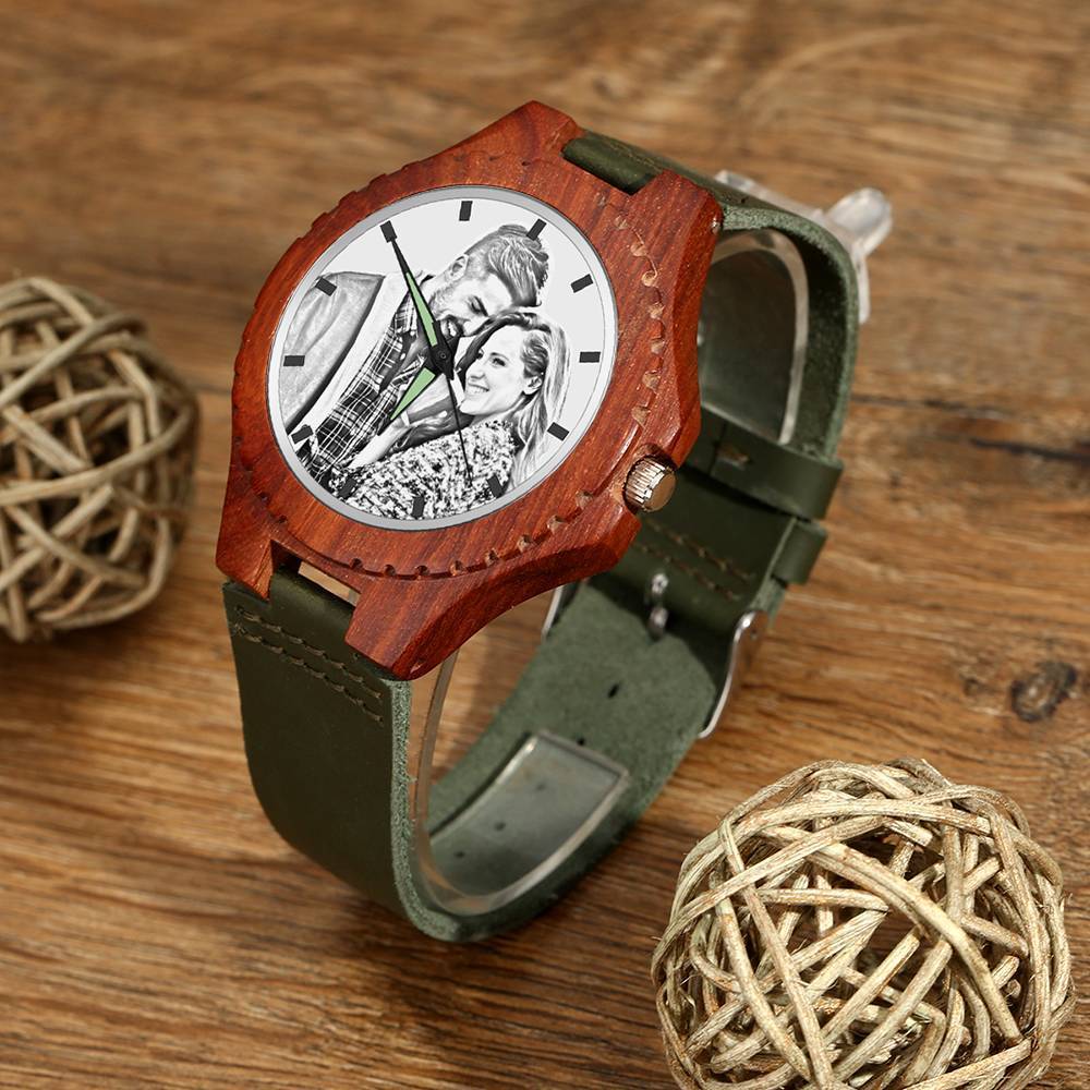 Unisex Engraved Photo Watch 48mm Wood Grain and Dark Green Strap - Sketch