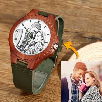 Unisex Engraved Photo Watch 48mm Wood Grain and Dark Green Strap - Sketch