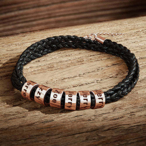 Father's Day Gift - Leather Bracelet Custom Six Beads Braid Name Charm Bracelet Rose Gold