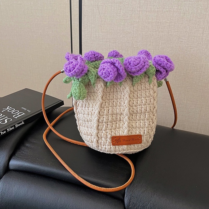 Hand-Knitted Rose Top Mini Shoulder Bag Cute Crocheted Drawstring Purse Floral Crochet Mini Bag Handmade Rose Detail Crossbody Purse