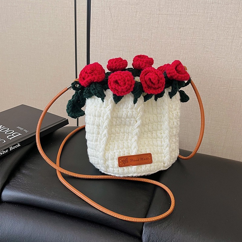 Hand-Knitted Rose Top Mini Shoulder Bag Cute Crocheted Drawstring Purs