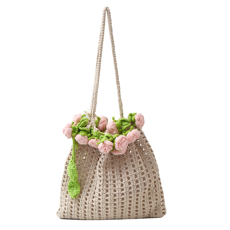 Hand-Crocheted Rose Drawstring Tote Bag Artisan Handmade Boho Crochet Tote Bag with Floral Detail Rose Drawstring Shoulder Bag
