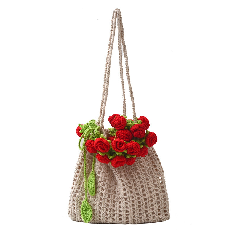 Hand-Crocheted Rose Drawstring Tote Bag Artisan Handmade Boho Crochet 