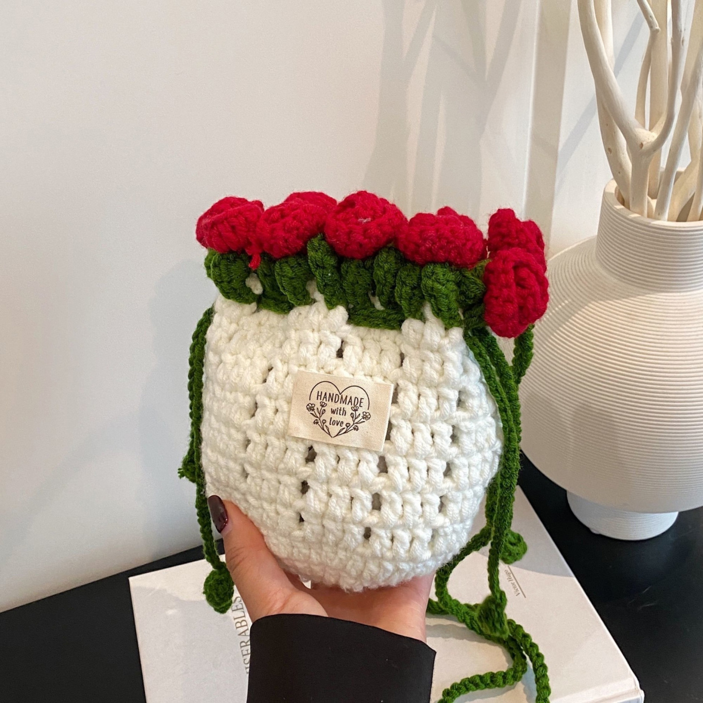 Hand-Knitted Rose Design Mini Bucket Bag Crocheted Flower Drawstring B