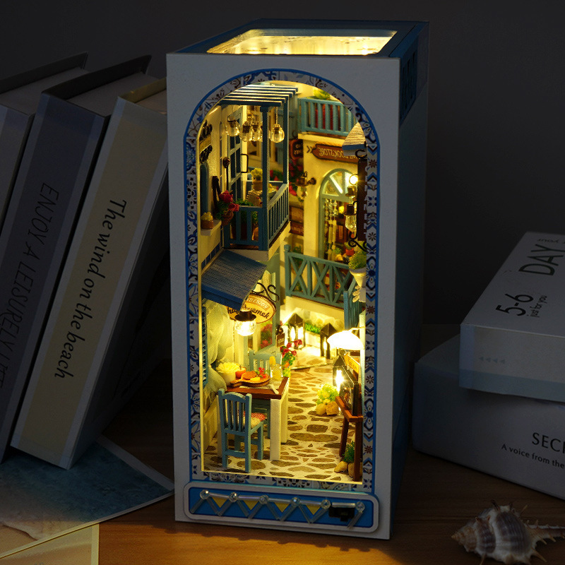 "Sea Breeze" Mediterranean DIY Book Nook Kit LED Lighted Wooden Bookshelf Insert & 3D Puzzle Family Gifts