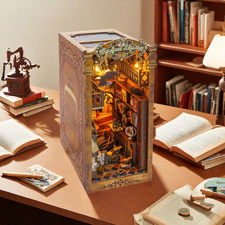 Enchanted Library Book Nook DIY Kit Magical Bookshelf Insert with LED Light & Miniature Details