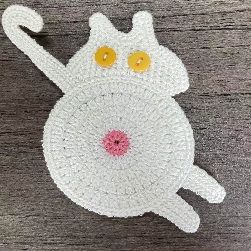Handmade Crochet Cat Coasters Handcrafted Whimsical Animal Drink Protectors Artisan Hand-Knitted Mats for Feline Fun Gift for Cat Lovers
