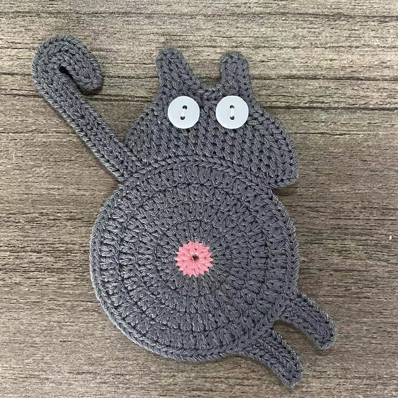 Handmade Crochet Cat Coasters Handcrafted Whimsical Animal Drink Protectors Artisan Hand-Knitted Mats for Feline Fun Gift for Cat Lovers