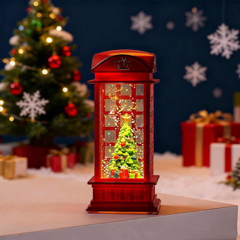 Vintage LED Christmas Lantern Night Light  Retro Christmas Snow Globe Lantern Lighted Christmas Scene Phone Booth/Lantern Christmas Decor