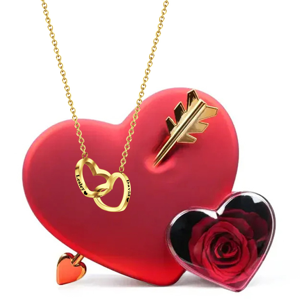 Love Rose Eternal Gift Box and Double Heart Custom Engraved Necklace