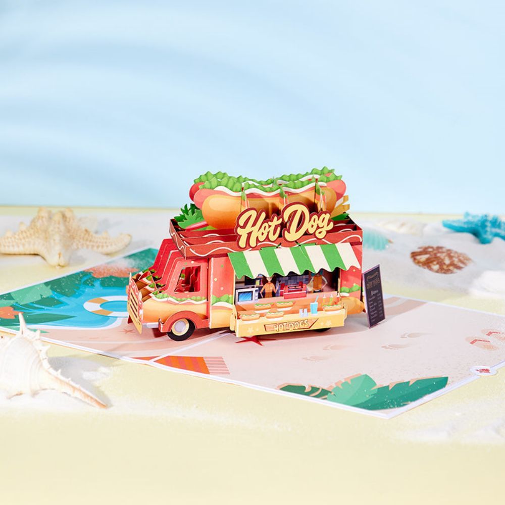 Beach Hot Dog Truck 3D Pop Up Greeting Card - NameNecklace