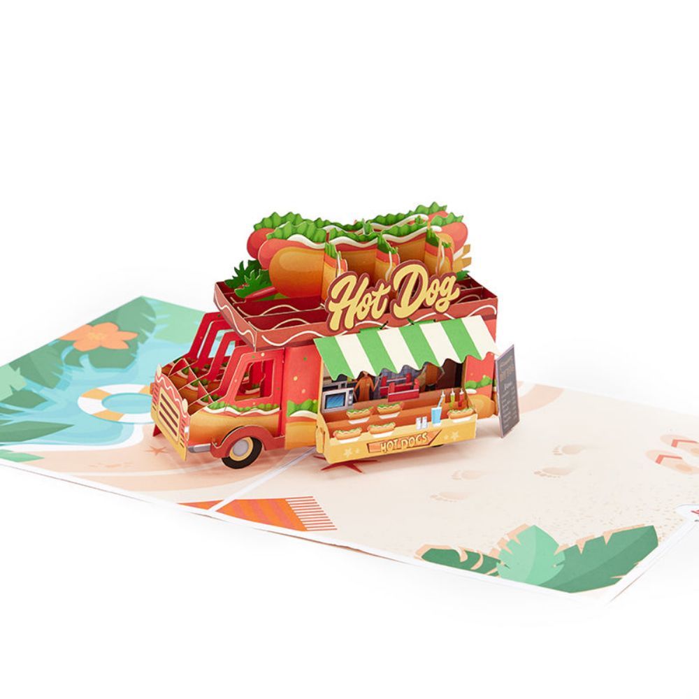 Beach Hot Dog Truck 3D Pop Up Greeting Card - NameNecklace