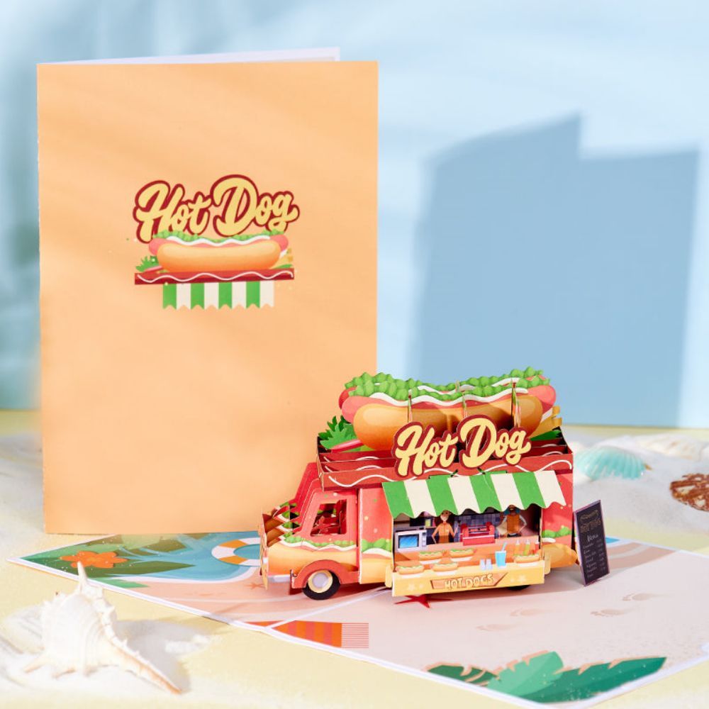 Beach Hot Dog Truck 3D Pop Up Greeting Card - NameNecklace