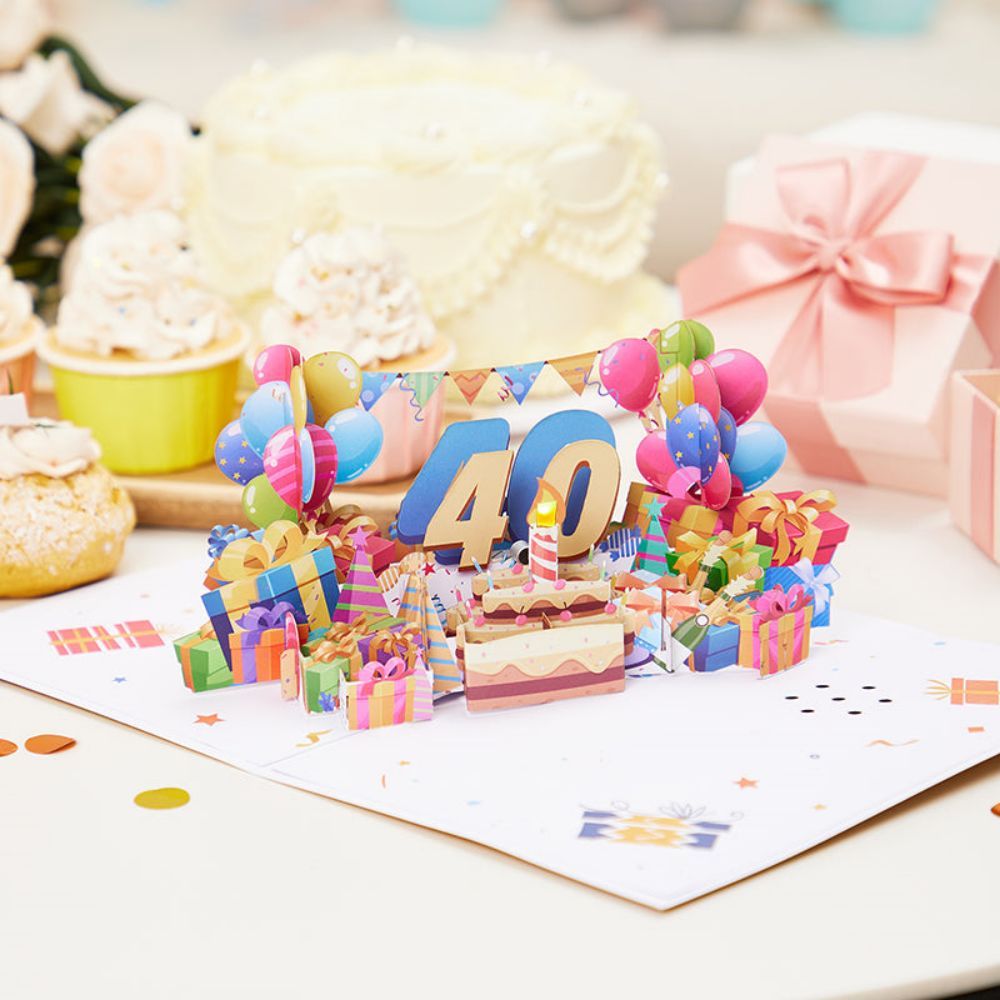 Lights and Music 40th Happy Birthday 3D Pop Up Greeting Card for Her or Him - NameNecklace