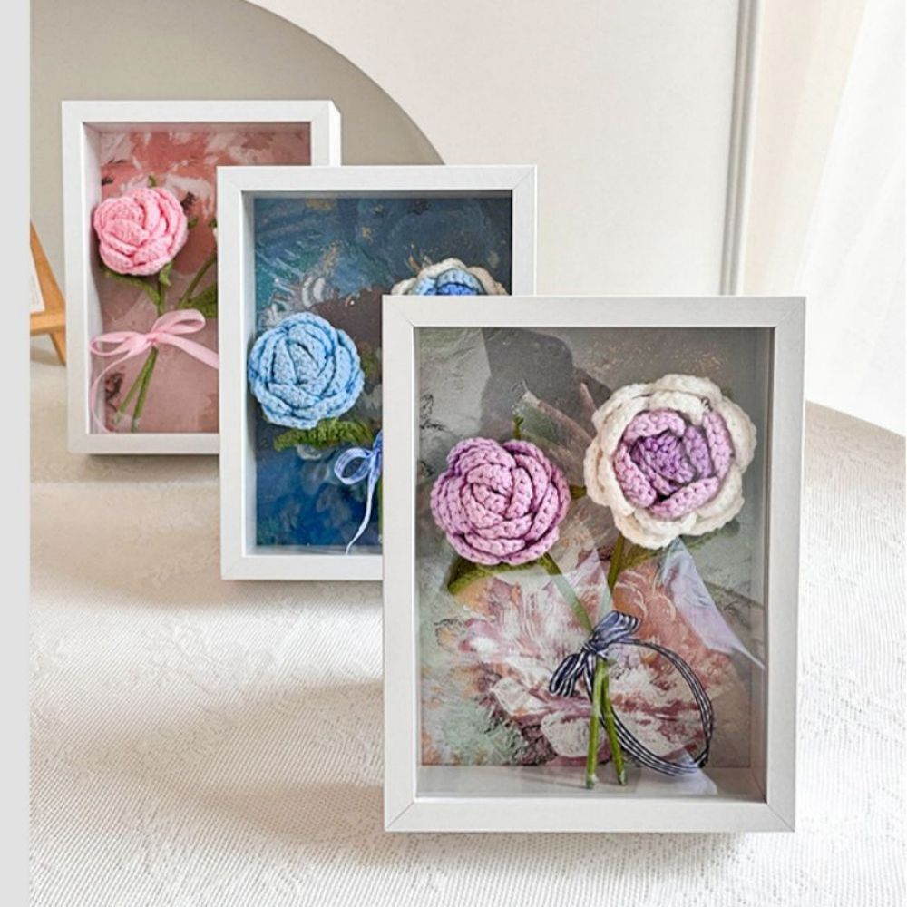 Crochet Bouquets Photo Frame Handmade Knitted Flower Shadowbox Frame Desktop Decoration - NameNecklace