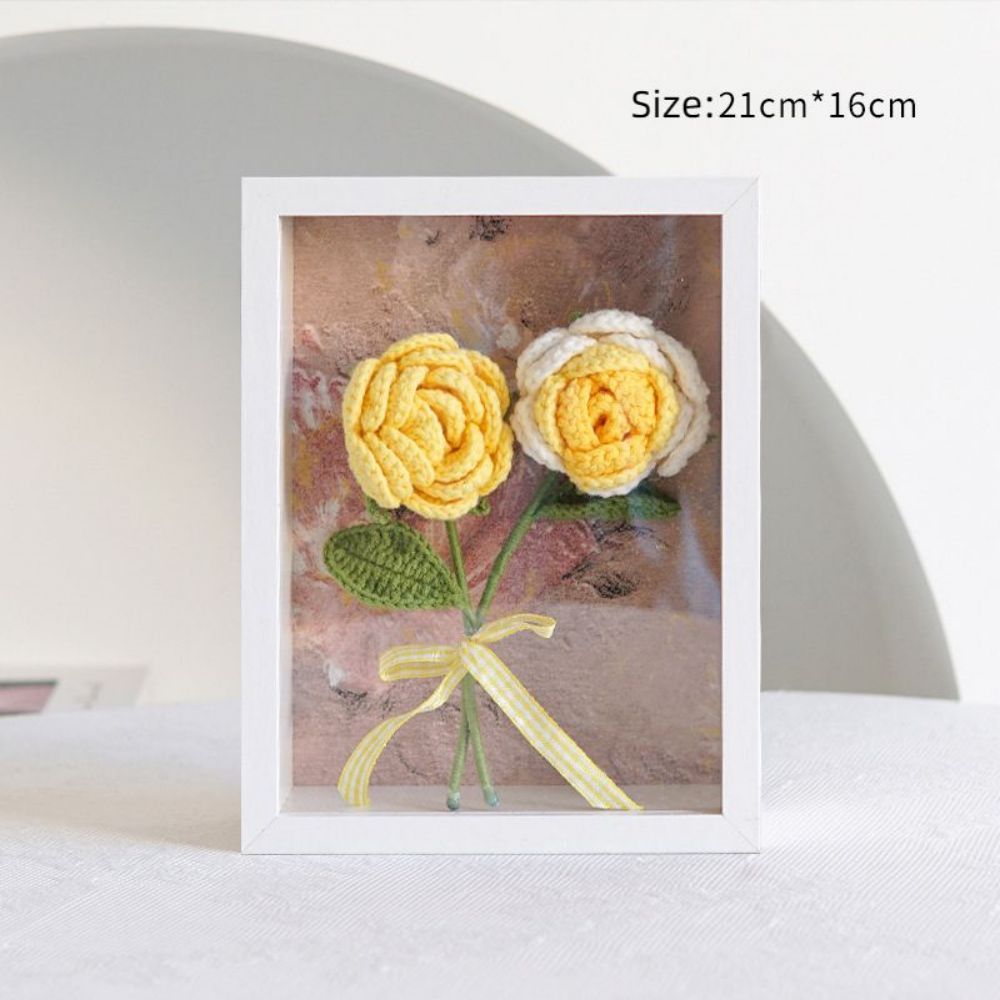 Crochet Bouquets Photo Frame Handmade Knitted Flower Shadowbox Frame Desktop Decoration - NameNecklace
