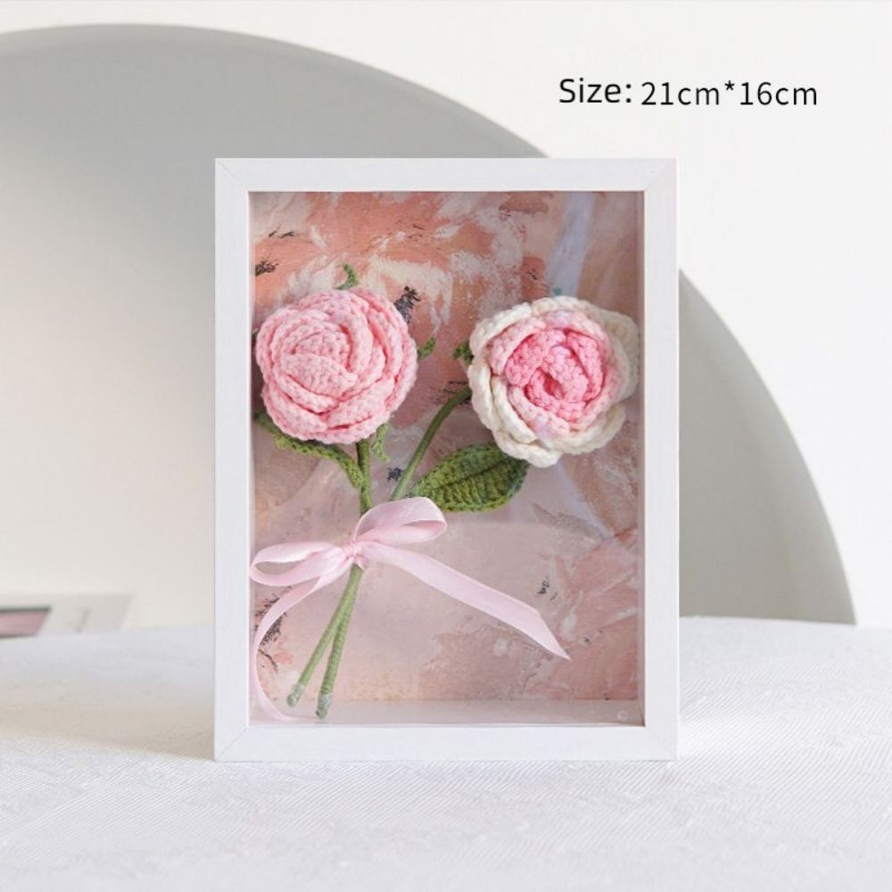 Crochet Bouquets Photo Frame Handmade Knitted Flower Shadowbox Frame Desktop Decoration - NameNecklace