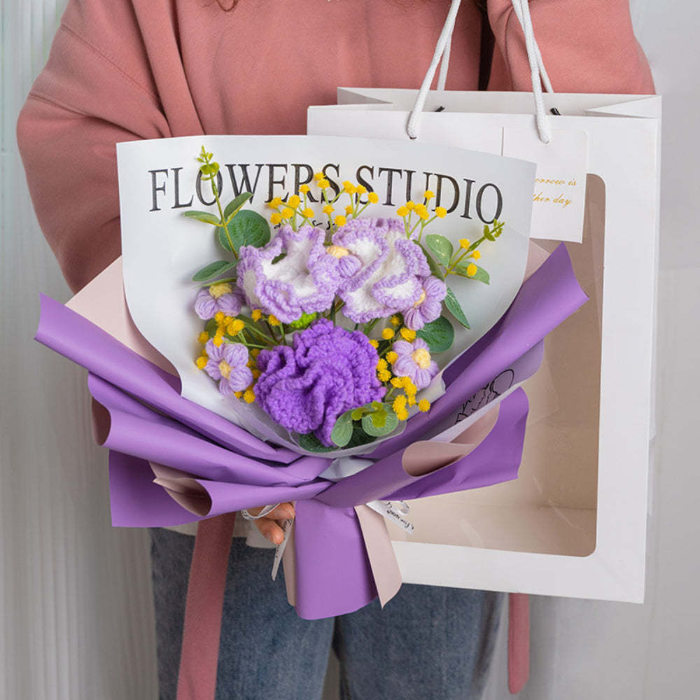 Crochet Flowers Bouquet Handmade Knitted Carnation Bouquet with Light Strip Gift for Her - NameNecklace