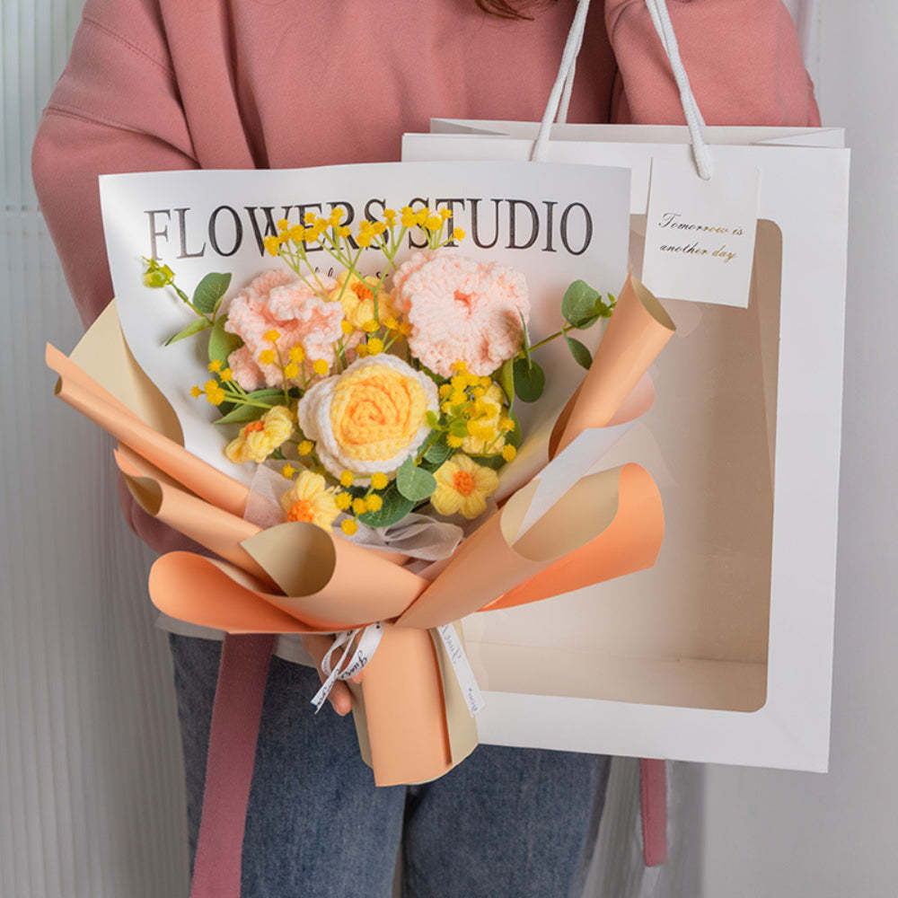 Crochet Flowers Bouquet Handmade Knitted Carnation Bouquet with Light Strip Gift for Her - NameNecklace