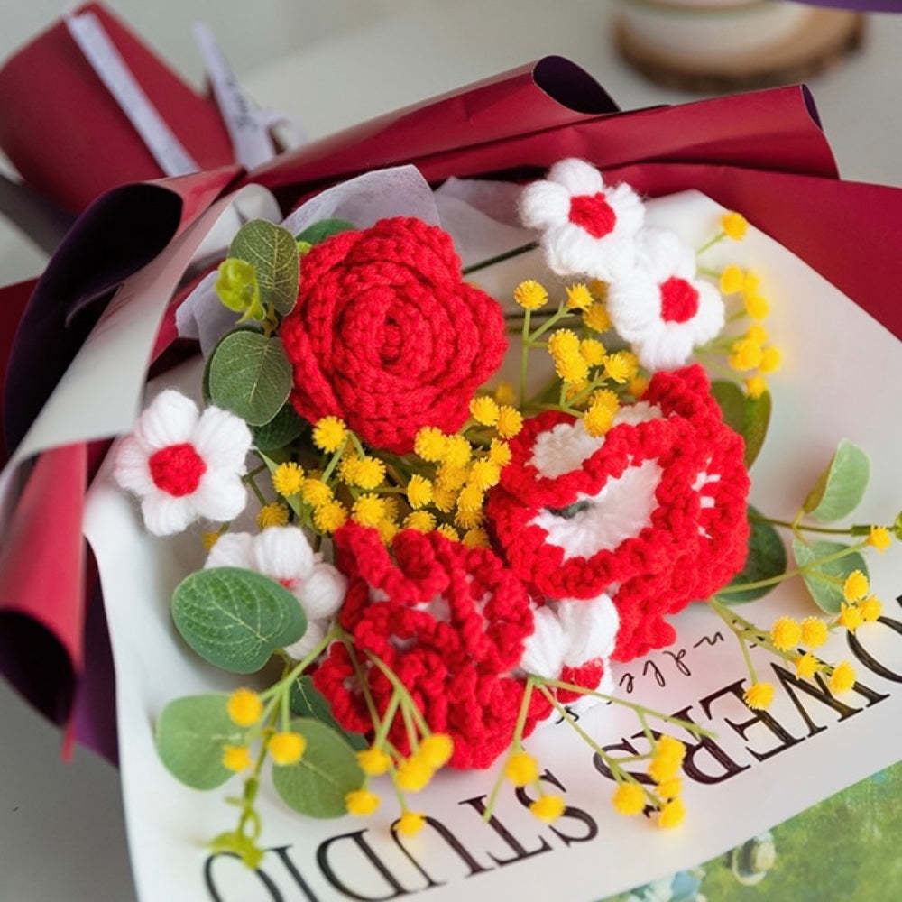 Crochet Flowers Bouquet Handmade Knitted Carnation Bouquet with Light Strip Gift for Her - NameNecklace