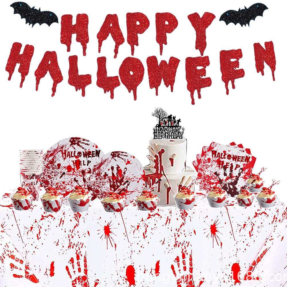 Halloween Bloody Handprints Disposable Tableware Kits Party Decorations Supplies 98pcs - Giftlab