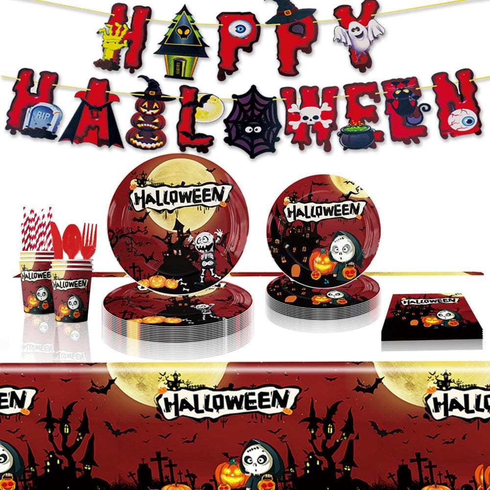 Halloween Party Disposable Tableware Tablecloth Kits Halloween Party Decorations Supplies 92pcs - Giftlab
