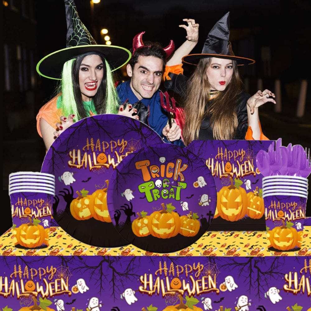 Halloween Pumpkin Design Disposable Tableware Kits Halloween Party Decorations Supplies 81pcs - Giftlab