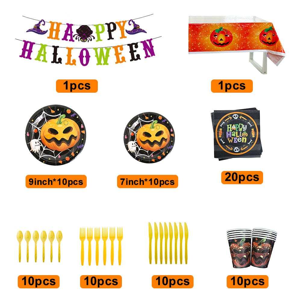 Halloween Pumpkin Design Disposable Tableware Tablecloth Banner Kits Halloween Party Decorations Supplies 82pcs - Giftlab