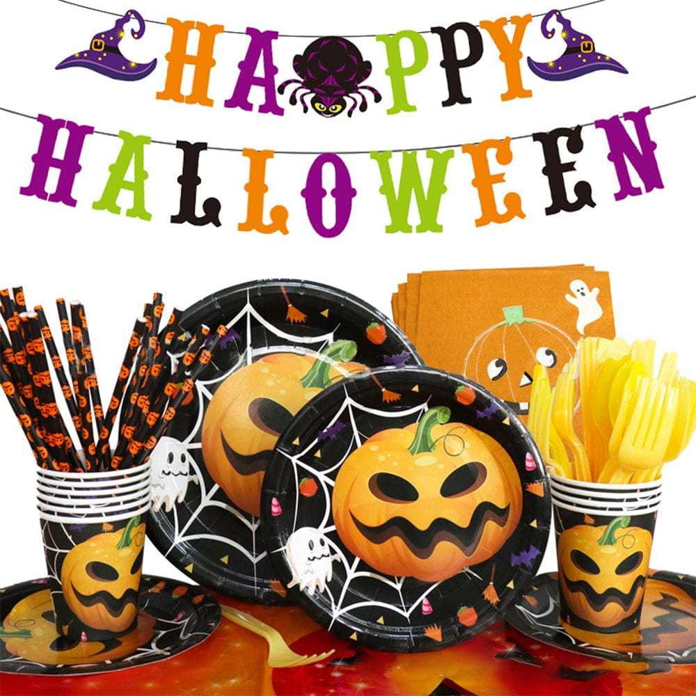 Halloween Pumpkin Design Disposable Tableware Tablecloth Banner Kits Halloween Party Decorations Supplies 82pcs - Giftlab