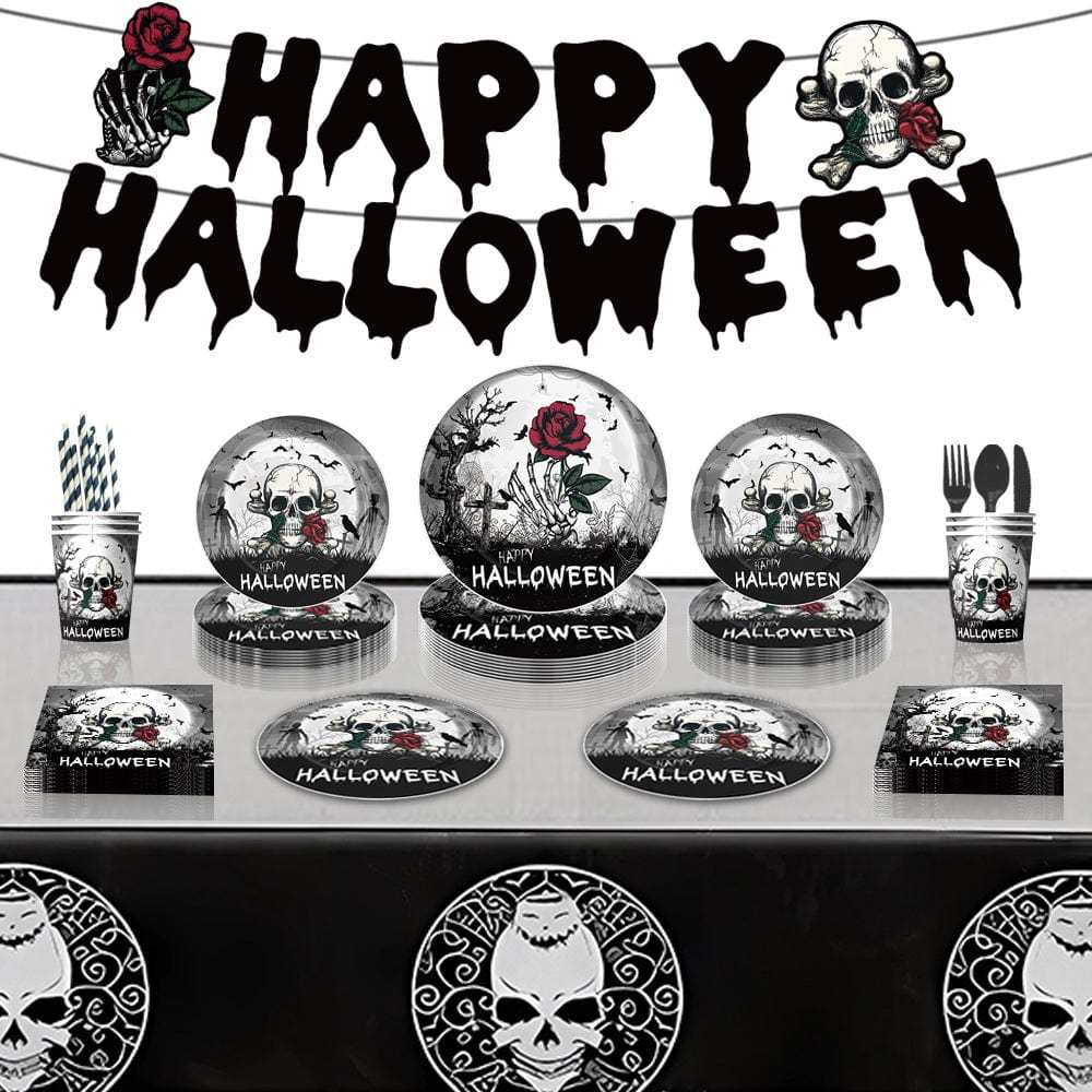 Halloween Skull Design Disposable Tableware Tablecloth Banner Kits Halloween Party Decorations Supplies 92pcs - Giftlab
