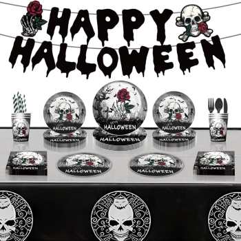 Halloween Skull Design Disposable Tableware Tablecloth Banner Kits Halloween Party Decorations Supplies 92pcs - Giftlab